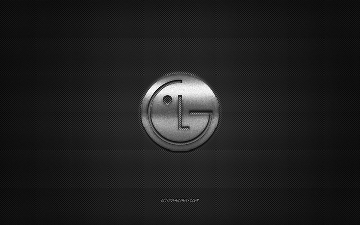 LG logo, silver shiny logo, LG metal emblem, wallpaper for LG smartphones, gray carbon fiber texture, LG, brands, creative art, LG Electronics