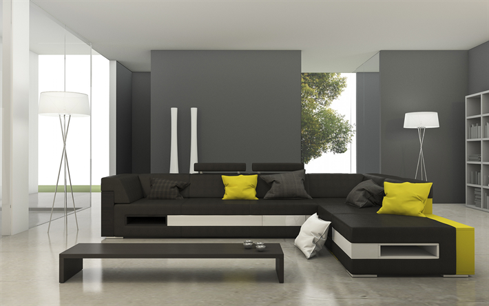 stylish interior of the living room, minimalism style, gray walls, modern interior design, gray sofa