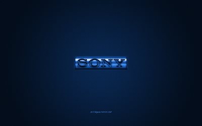 Sony logo, blue shiny logo, Sony metal emblem, wallpaper for Sony smartphones, blue carbon fiber texture, Sony, brands, creative art