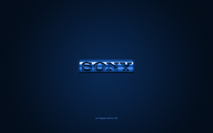 Logotipo de Sony, azul brillante logotipo de Sony emblema de metal, fondos de pantalla para smartphones de Sony, de fibra de carbono azul textura, Sony, marcas, arte creativo