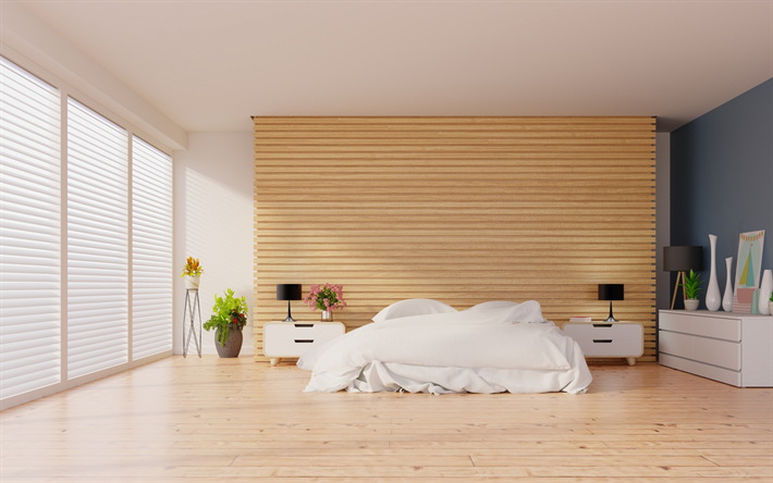 modern interior design, bedroom, minimalism style, wooden wall on the bed, wooden light boards, stylish interior design