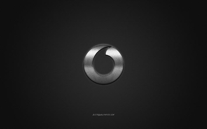 Logotipo de Vodafone, plata brillante logotipo de Vodafone emblema de metal, fondos de pantalla para smartphones de Vodafone, gris textura de fibra de carbono, Vodafone, marcas, arte creativo