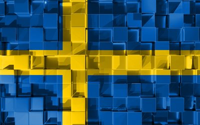 flagge von schweden, 3d flag, 3d-w&#252;rfel-textur, flaggen der europ&#228;ischen l&#228;nder, schweden, 3d-kunst, europa, 3d-textur