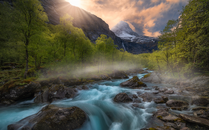 Romsdalen Valley, mountain river, mountain landscape, rocks, forest, morning, sunrise, Norway