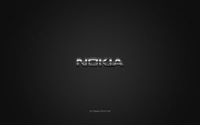 Nokia logo, silver shiny logo, Nokia metal emblem, wallpaper for Nokia smartphones, gray carbon fiber texture, Nokia, brands, creative art