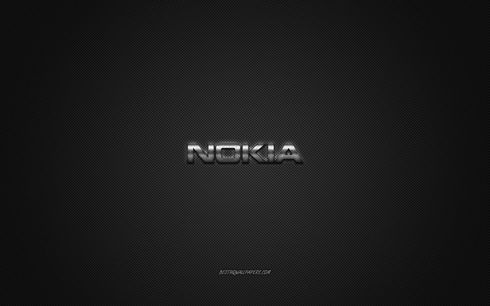 Logo Nokia, argent brillant logo, Nokia embl&#232;me m&#233;tallique, fond d&#39;&#233;cran pour les smartphones Nokia, gris en fibre de carbone texture, Nokia, marques, art cr&#233;atif