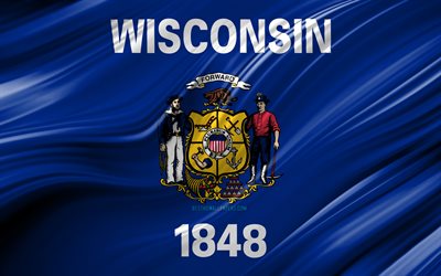 4k, Wisconsin flag, american states, 3D waves, USA, Flag of Wisconsin, United States of America, Wisconsin, administrative districts, Wisconsin 3D flag, States of the United States
