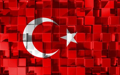 Drapeau de la Turquie, 3d drapeau, cubes 3d de la texture, des Drapeaux des pays Europ&#233;ens, la Turquie 3d drapeau, art 3d, la Turquie, l&#39;Europe, texture 3d