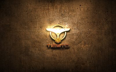 DJ Tiesto golden logo, music stars, brown metal background, creative, DJ Tiesto logo, brands, DJ Tiesto
