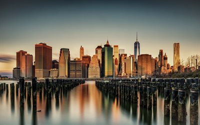 new york, manhattan, abend, sonnenuntergang, amerikanische metropole new york skyline, ny, stadtlandschaft, vereinigte staaten