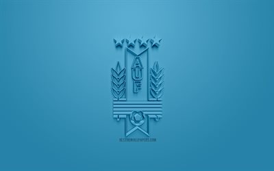أوروغواي فريق كرة القدم الوطني, الإبداعية شعار 3D, خلفية زرقاء, 3d شعار, أوروغواي, اتحاد أمريكا الجنوبية, الفن 3d, كرة القدم, أنيقة شعار 3d