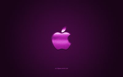 Apple-logo, violetti kiilt&#228;v&#228; logo, Apple metalli-tunnus, taustakuva Apple-&#228;lypuhelimet, violetti hiilikuitu rakenne, Apple, merkkej&#228;, creative art