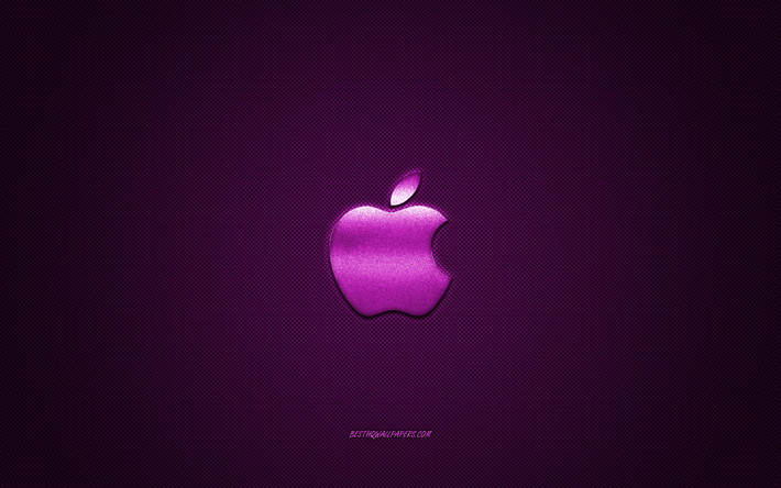 Apple logo, purple shiny logo, Apple metal emblem, wallpaper for Apple smartphones, purple carbon fiber texture, Apple, brands, creative art