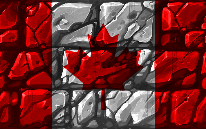 Canadian flag, brickwall, 4k, North American countries, national symbols, Flag of Canada, creative, Canada, North America, Canada 3D flag