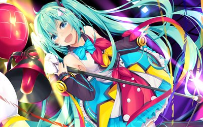 4k, Miku Hatsune, colorful balloons, Vocaloid Characters, toys, Hatsune Miku, manga, Vocaloid