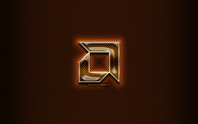 AMD glass logo, orange background, artwork, brands, AMD logo, creative, AMD