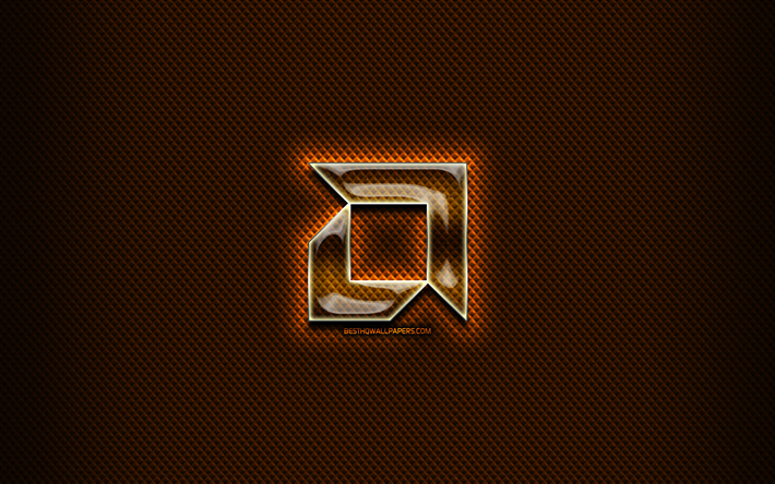 AMD vidrio logotipo, fondo naranja, ilustraciones, marcas, logotipo de AMD, creativo, AMD