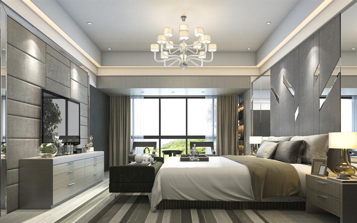 bedroom, gray stylish interior, modern interior design, classic style, gray walls, bedroom design