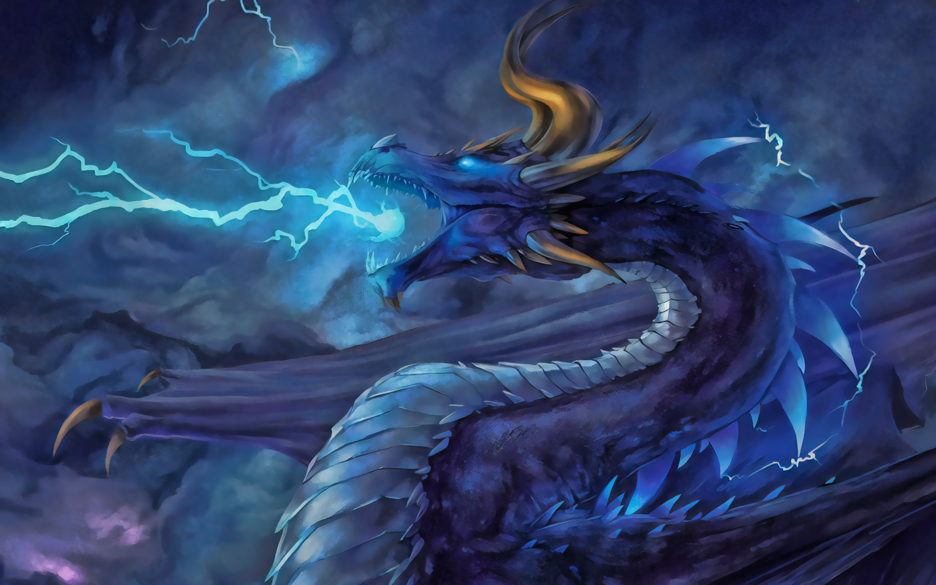 blue dragon, darkness, monster, blue lightings, dragon in smoke, dragon.
