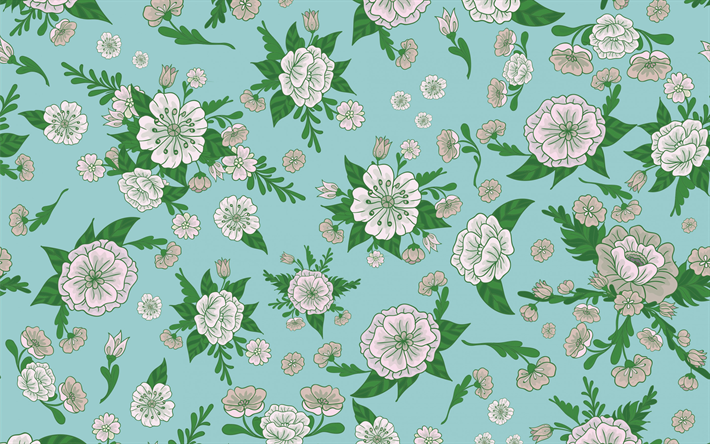 Download wallpapers vintage blue background with flowers, retro floral ...