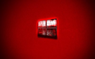 Windows 10, red metallic grunge logo, red background, grunge art, creative art, Windows