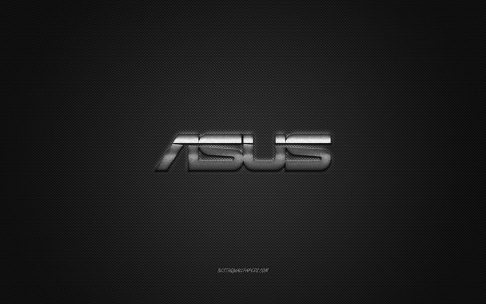 Asus logo, silver shiny logo, Asus metal emblem, wallpaper for Asus smartphones, gray carbon fiber texture, Asus, brands, creative art