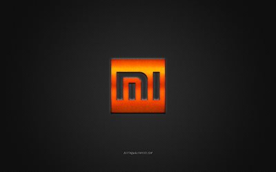 Xiaomi logo, arancio lucido logo, Xiaomi metallo emblema, carta da parati per Xiaomi smartphone, grigio in fibra di carbonio trama, Xiaomi, marchi, arte creativa