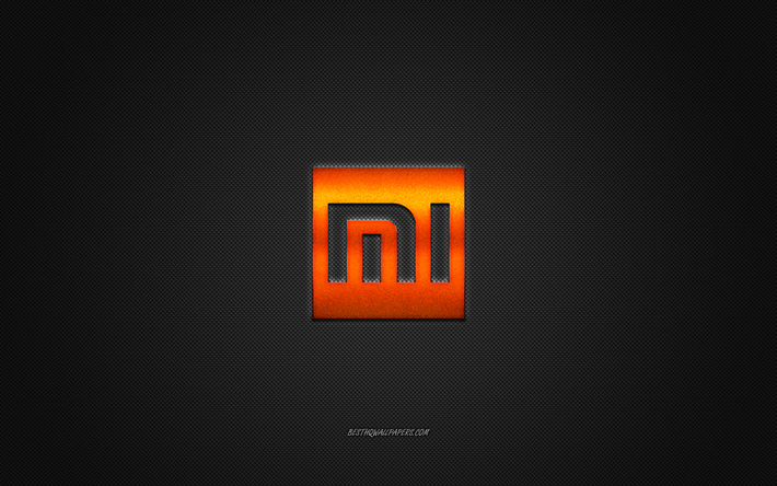 Xiaomi logotipo, color naranja brillante logotipo de Xiaomi emblema de metal, fondo de pantalla para Xiaomi tel&#233;fonos inteligentes, gris textura de fibra de carbono, Xiaomi, marcas, arte creativo