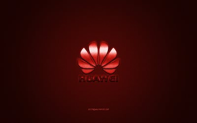 Huawei logo, rosso lucido logo Huawei metallo emblema, carta da parati per Huawei smartphone, rosso in fibra di carbonio trama, Huawei, marchi, arte creativa