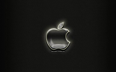 A Apple vidro logotipo, fundo preto, obras de arte, marcas, Log&#243;tipo da Apple, criativo, Apple