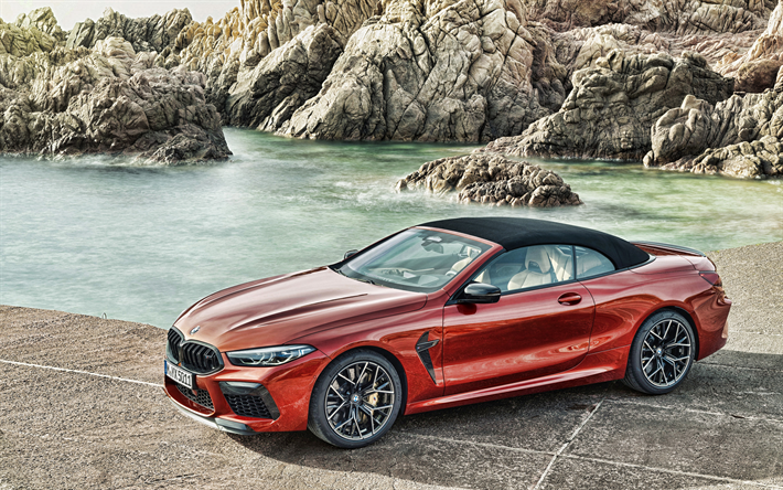 BMW M8 المنافسة للتحويل, 2019, F91, الخارجي, منظر أمامي, الأحمر كوبيه, للتحويل, الأحمر الجديد M8, السيارات الرياضية, السيارات الألمانية, BMW