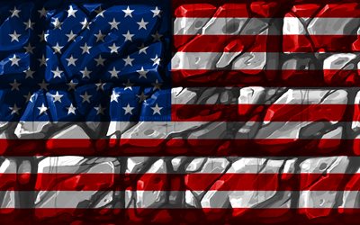 Amerikan lippu, brickwall, 4k, Pohjois-Amerikan maissa, kansalliset symbolit, Lippu USA, luova, USA, Pohjois-Amerikassa, Amerikan yhdysvallat lippu, YHDYSVALTAIN lippu