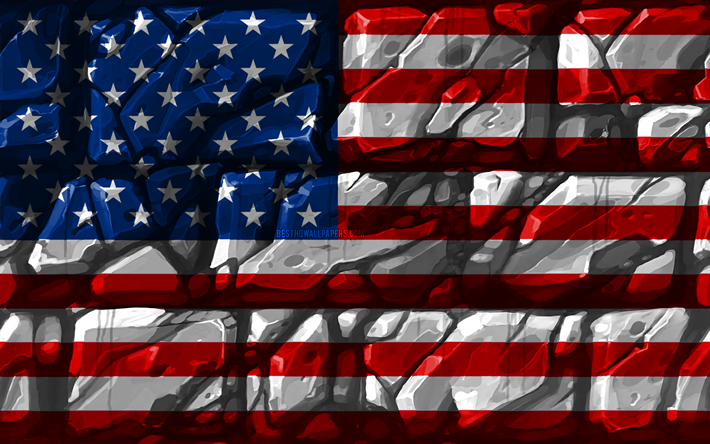 American flag, brickwall, 4k, North American countries, national symbols, Flag of USA, creative, USA, North America, United States of America flag, US flag