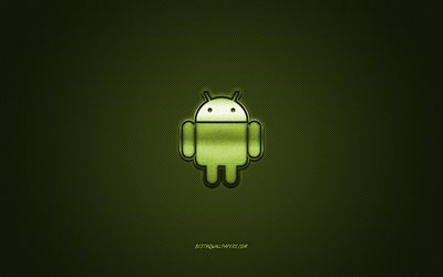 Android logosu, yeşil, parlak, logo, metal amblemi Android, Android akıllı telefonlar i&#231;in duvar kağıdı, yeşil karbon fiber doku, Android, markalar, yaratıcı sanat