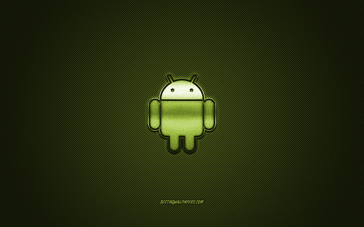 Logotipo de Android, de color verde brillante logotipo de Android emblema de metal, fondos de pantalla para tel&#233;fonos inteligentes Android, verde textura de fibra de carbono, Android, marcas, arte creativo