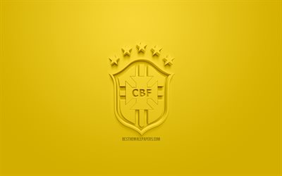 البرازيل الوطني لكرة القدم, الإبداعية شعار 3D, خلفية صفراء, 3d شعار, البرازيل, اتحاد أمريكا الجنوبية, الفن 3d, كرة القدم, أنيقة شعار 3d