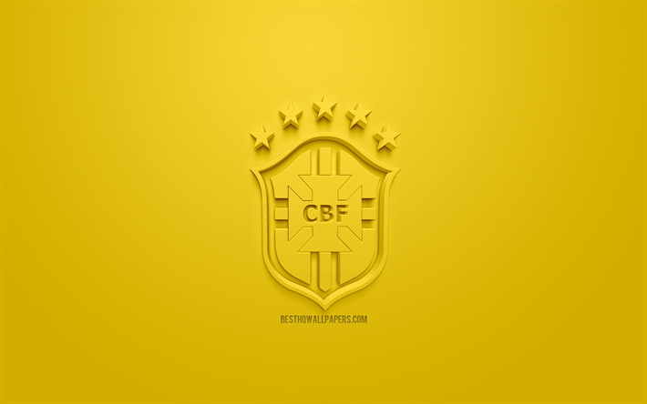 Brasiliens herrlandslag i fotboll, kreativa 3D-logotyp, gul bakgrund, 3d-emblem, Brasilien, CONMEBOL, 3d-konst, fotboll, snygg 3d-logo