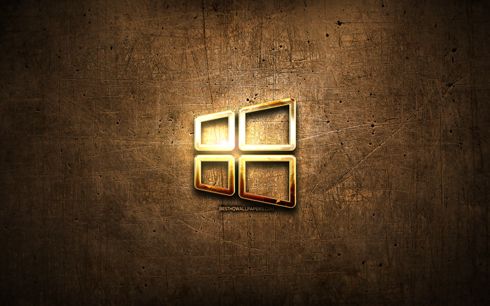 Windows10のゴールデンリニアロゴ, 作品, の, 茶色の金属の背景, Windows10, 創造, Windows10のロゴ, ブランド, Microsoft Windows10