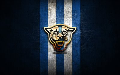 georgia state panthers, golden logo, ncaa, blau metall-hintergrund, american football club, georgia state panthers logo, american football, usa