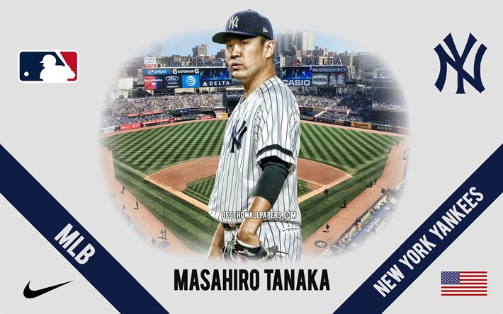 Masahiro Tanaka, New York Yankees, Japonais, Joueur de Baseball, MLB, portrait, etats-unis, le baseball, le Yankee Stadium, logo New York Yankees, la Ligue Majeure de Baseball