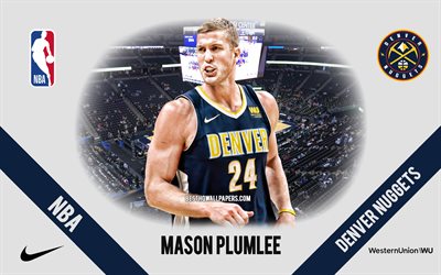 Mason Plumlee, Denver Nuggets, American Basketball Player, NBA, portrait, USA, basketball, Pepsi Center, Denver Nuggets logo