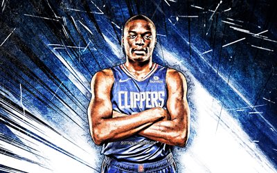 4K, Mfiondu Kabengele, grunge art, Los Angeles Clippers, NBA, basketball, blue abstract rays, Mfiondu Tshimanga Kabengele, USA, Mfiondu Kabengele Los Angeles Clippers, creative, LA Clippers
