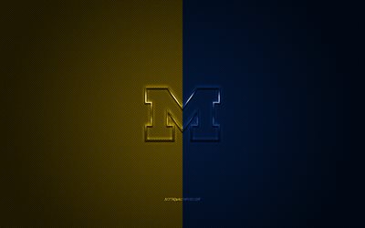 Michigan Wolverines logo, club di football Americano, NCAA, giallo logo blu, giallo blu in fibra di carbonio sfondo, football Americano, Ann Arbor, Michigan, USA, Michigan Wolverines, Universit&#224; del Michigan