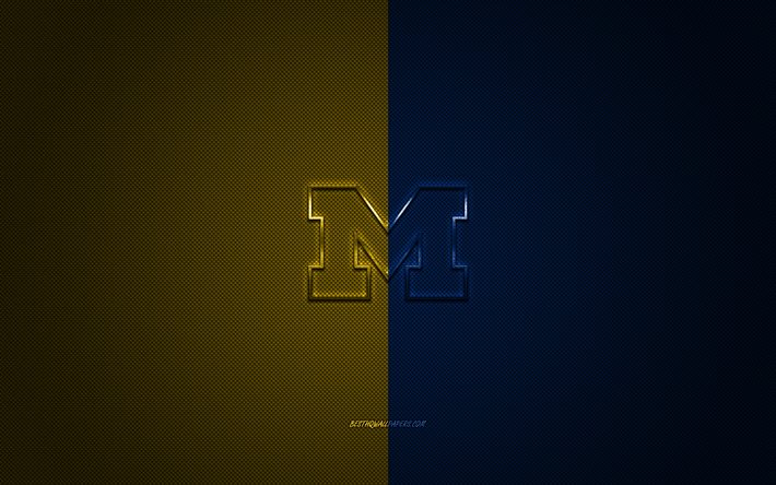 Michigan Wolverines logo, American football club, NCAA, yellow blue logo, yellow blue carbon fiber background, American football, Ann Arbor, Michigan, USA, Michigan Wolverines, University of Michigan