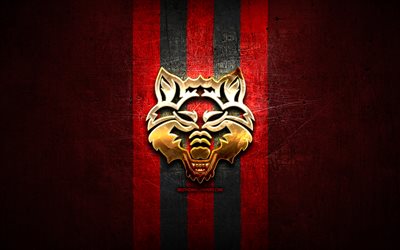 Arkansas State Red Wolves, golden logo, NCAA, red metal background, american football club, Arkansas State Red Wolves logo, american football, USA
