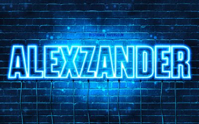 Alexzander, 4k, tapeter med namn, &#246;vergripande text, Alexzander namn, Grattis P&#229; F&#246;delsedagen Alexzander, bl&#229;tt neonljus, bild med Alexzander namn