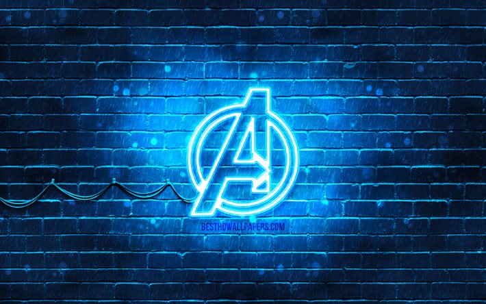 Avengers logo bleu, 4k, bleu brickwall, Avengers logo, super-h&#233;ros, Avengers n&#233;on logo, Avengers