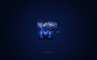 メンフィスのロゴタイガース, アメリカのサッカークラブ, NCAA, 青色のロゴ, ブルーカーボンファイバの背景, アメリカのサッカー, メンフィス, テネシー, 米国, メンフィス虎