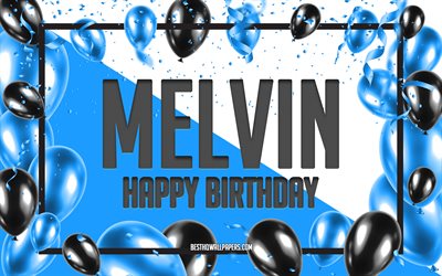 お誕生日おめでMelvin, お誕生日の風船の背景, Melvin, 壁紙名, Melvinお誕生日おめで, 青球誕生の背景, ご挨拶カード, Melvin誕生日