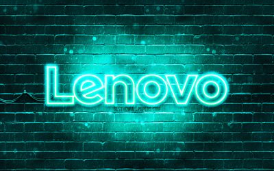 Lenovo turquoise logo, 4k, turquoise, brickwall, le logo Lenovo, marques, et Lenovo, fluo logo Lenovo